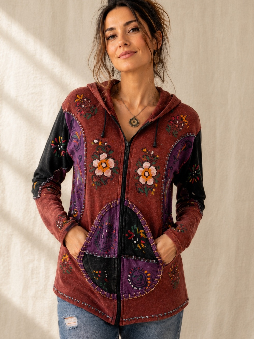 Rising International Hand Painted Nepal Cotton Hoodie Jacket XL Boho Fairy